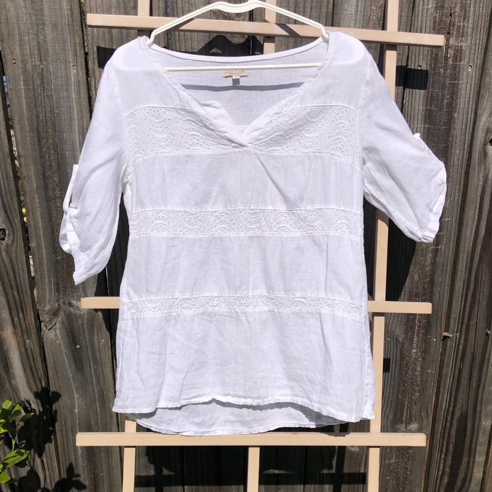 Lina Tomei Linen Bohemian Eyelet Linen White Blouse Top Medium